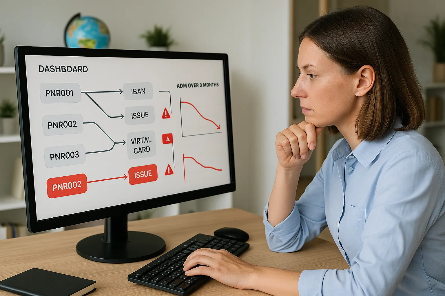Illustration montrant un agent de voyages consultant un tableau de bord où chaque dossier PNR est relié à un paiement IBAN et à une carte virtuelle, les anomalies apparaissant en rouge, avec un graphique de baisse des ADM sur trois mois.