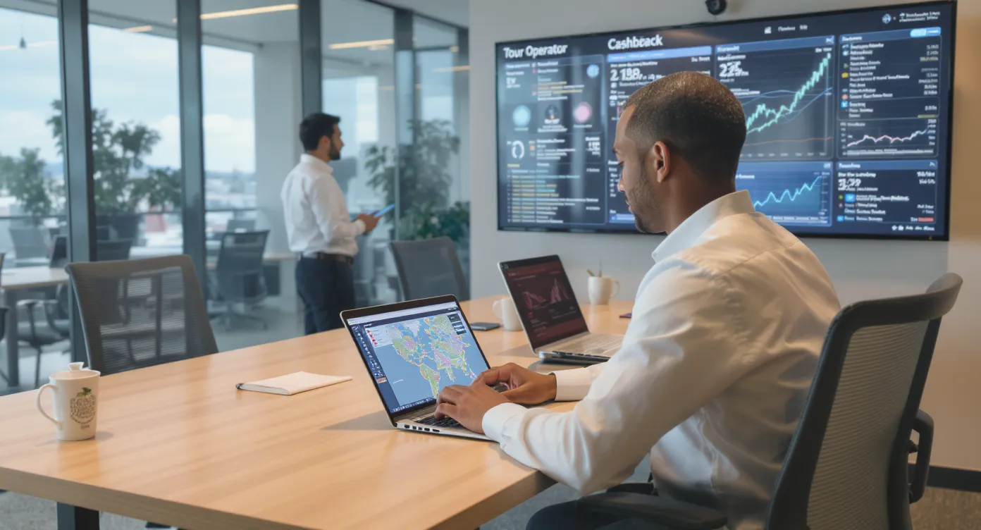 Illustration montrant un employé finance d’un tour-opérateur créant une carte virtuelle sur son ordinateur portable, pendant qu’un collègue suit le cashback sur un tableau de bord projeté.