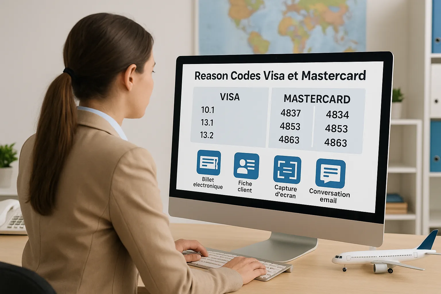 Infographie montrant un agent de voyage devant un écran listant les reason codes Visa et Mastercard, avec des icônes de documents à préparer : billet électronique, fiche client, capture d’écran, conversation email.