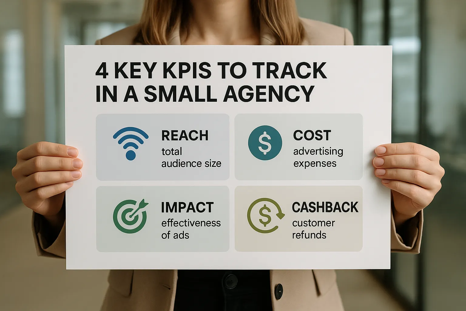 Infographie synthétique présentant les quatre KPI FX à suivre dans une petite agence : couverture, coût, impact, cashback.
