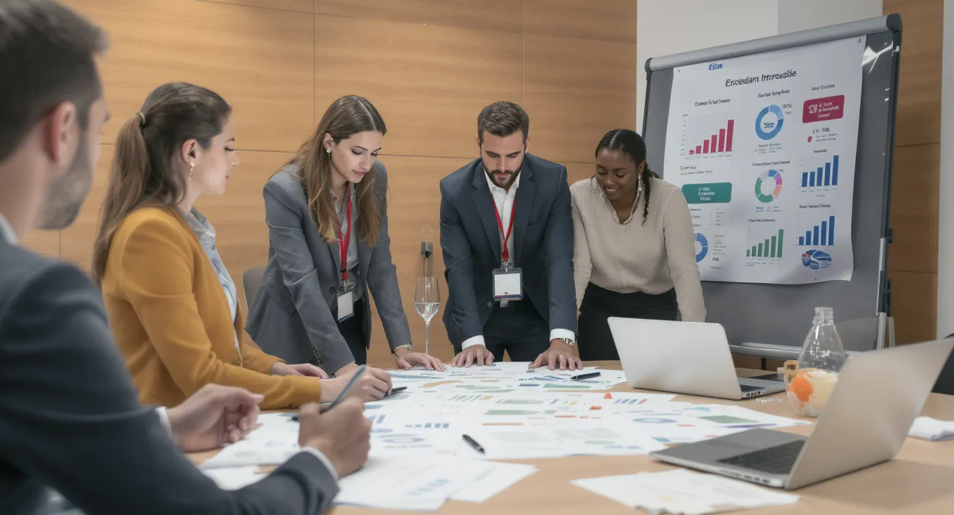 Photo d’équipe MICE devant un tableau de bord Elia Pay affichant les budgets consommés, le cashback généré et les alertes anti-fraude en temps réel.