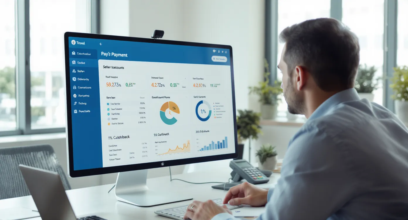 Photo d’un agent de voyages examinant sur écran un tableau de bord de paiement montrant des sous-comptes vendeurs, des flux cantonnés et un indicateur de cashback de 1 %, dans un bureau lumineux.