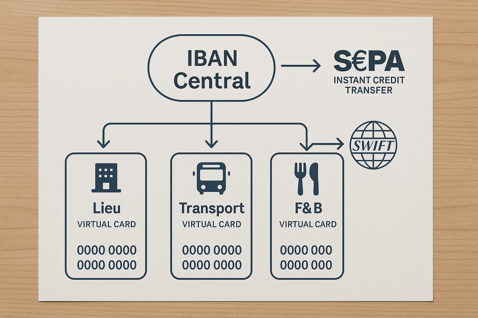 Schéma illustrant l’architecture de paiement MICE : un IBAN central alimente plusieurs cartes virtuelles catégorisées (lieu, transport, F&B), tandis que les virements SEPA instantanés et SWIFT partent du même compte.