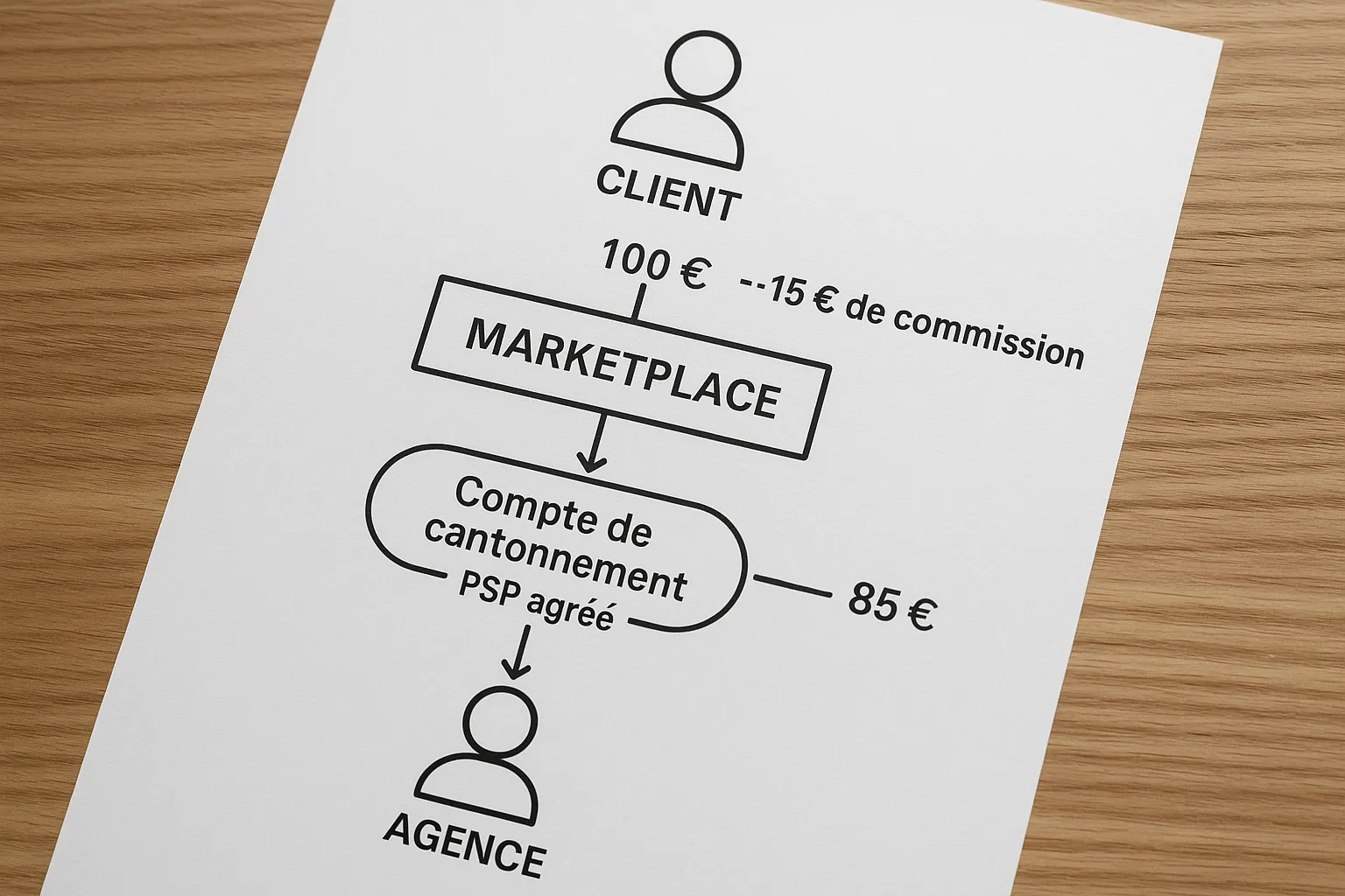 Schéma simple illustrant trois flux : le client règle 100 € sur la marketplace, 15 € de commission sont cantonnés pour la plateforme, 85 € sont versés à l’agence après la prestation, le tout transitant par un compte de cantonnement chez un PSP agréé.
