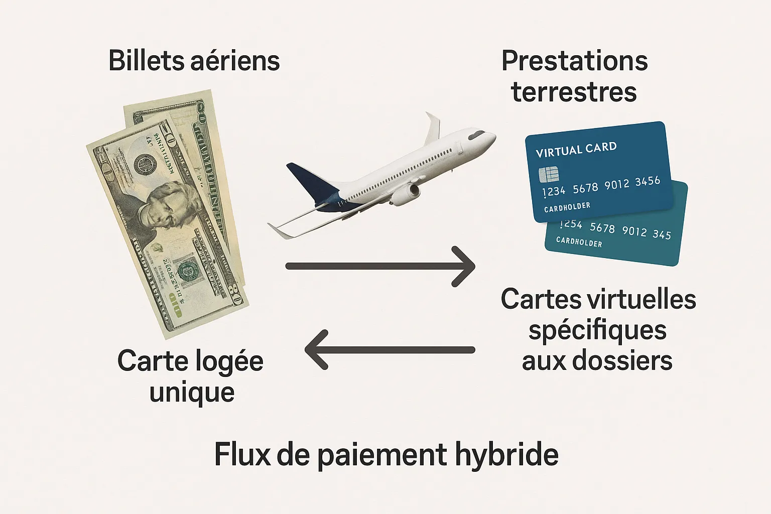 Schéma simple illustrant un flux de paiement hybride : billets aériens via carte logée unique, prestations terrestres via cartes virtuelles spécifiques aux dossiers.