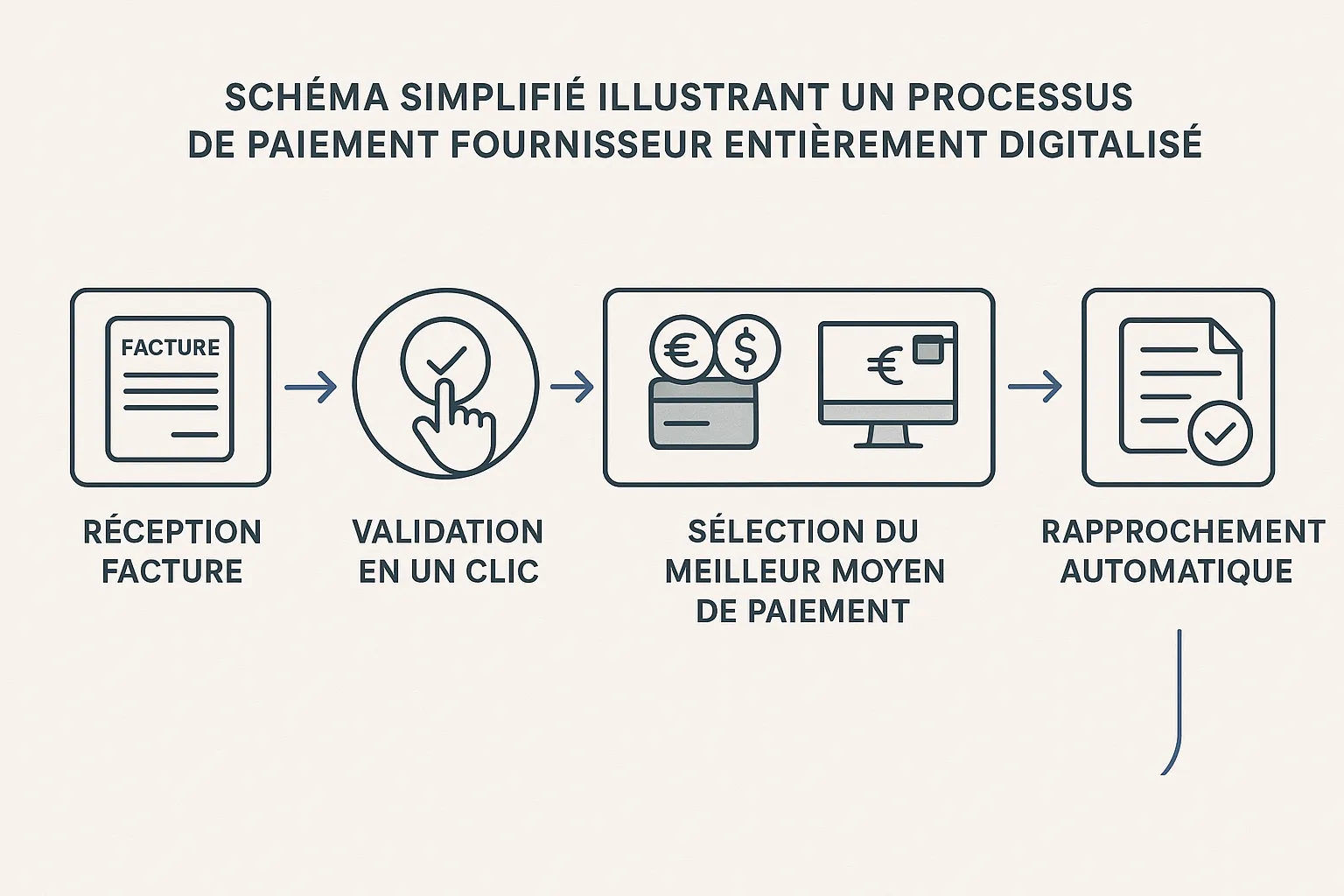 Schéma simplifié illustrant un processus de paiement fournisseur entièrement digitalisé : réception facture → validation en un clic → sélection du meilleur moyen de paiement → virement instantané ou carte virtuelle → rapprochement automatique.