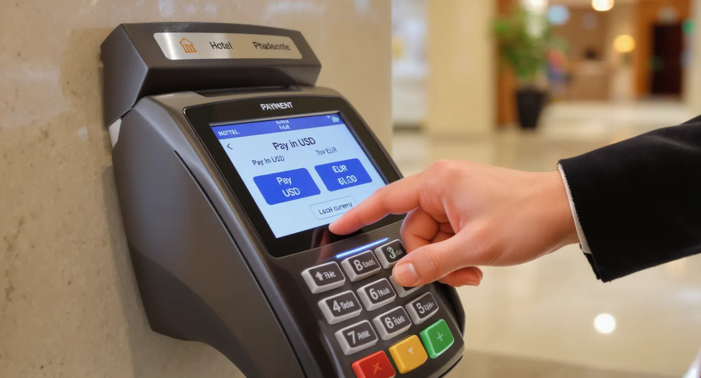Terminal de paiement d’hôtel proposant « Pay in USD » ou « Pay in EUR », la main d’un agent sélectionne la devise locale pour éviter le DCC, illustrant la bonne pratique.