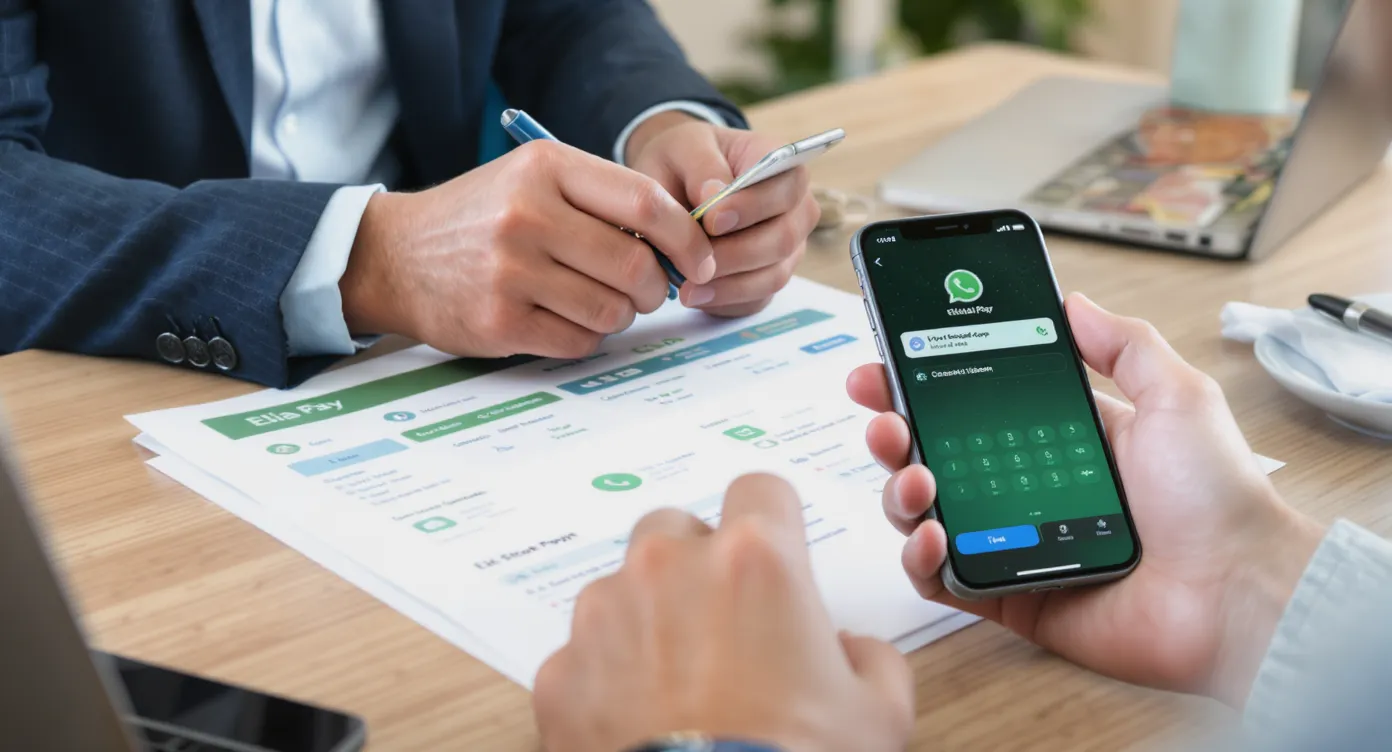 Un agent de voyages crée un lien de paiement dans son tableau de bord Elia Pay avant de l’envoyer par WhatsApp à un client qui règle l’acompte sur son smartphone.