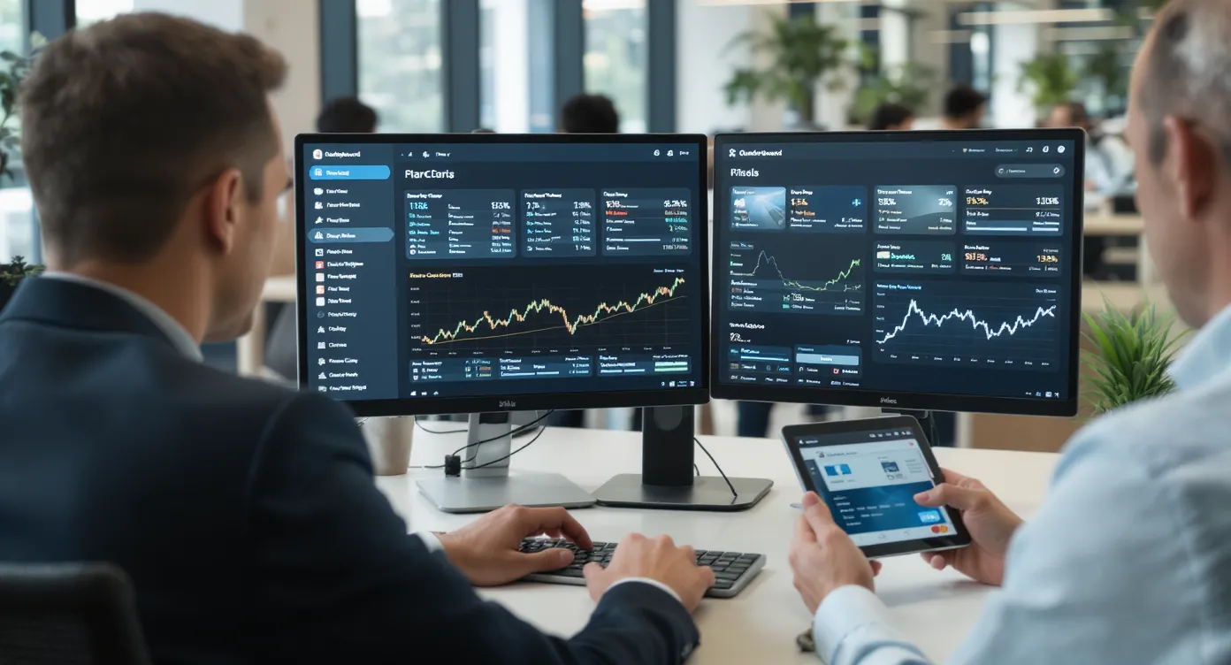 Un agent de voyages examine sur deux écrans un tableau de bord financier affichant le suivi des cartes logées et virtuelles, tandis qu’un collègue génère une nouvelle carte numérique sur une tablette.