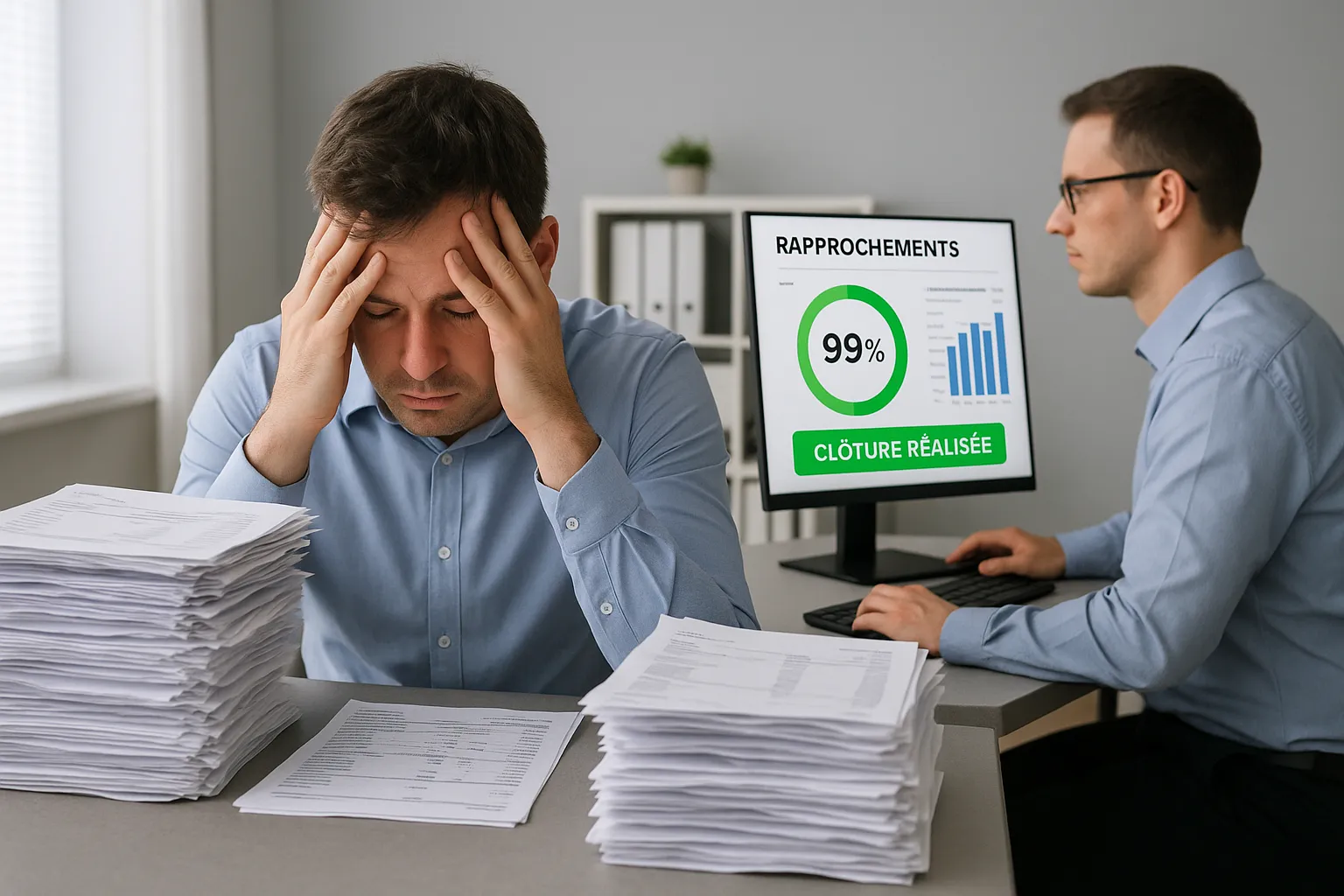 Un comptable d’agence entoure de piles de relevés papier, la tête dans les mains, tandis qu’à droite un second comptable utilise un tableau de bord affichant un taux de rapprochement de 99 % et un indicateur vert “clôture réalisée”