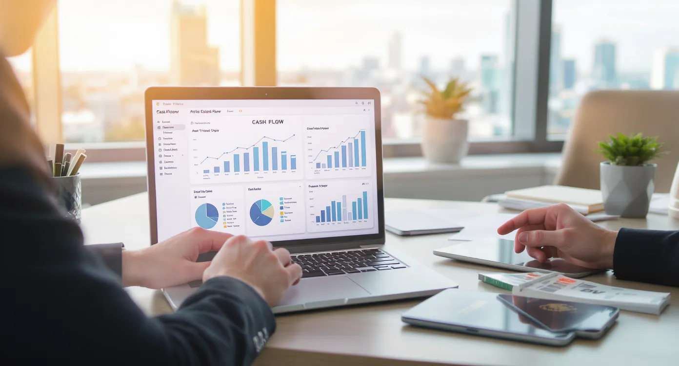 Un conseiller finance d’agence de voyages étudie un tableau de bord cash-flow sur un ordinateur portable, tandis qu’un collègue active des cartes virtuelles instantanément sur une tablette posée à côté d’un passeport et d’un billet d’avion.