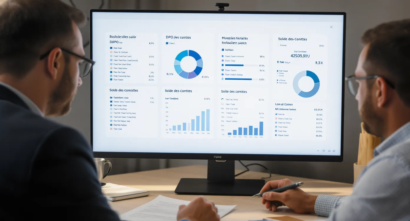 Un conseiller voyage et un comptable consultent un tableau de bord de trésorerie montrant le DPO, les prochaines échéances fournisseurs et le solde des comptes, au sein d’une petite agence lumineuse.