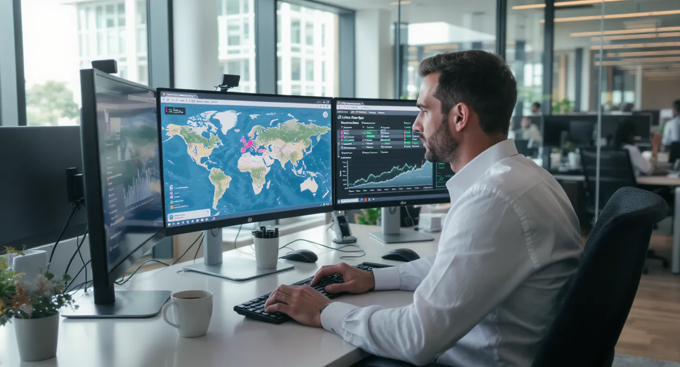 Un conseiller voyage génère une carte virtuelle en USD sur un écran affichant les taux de change en temps réel tandis qu’un graphique de marge s’affiche sur un second moniteur.