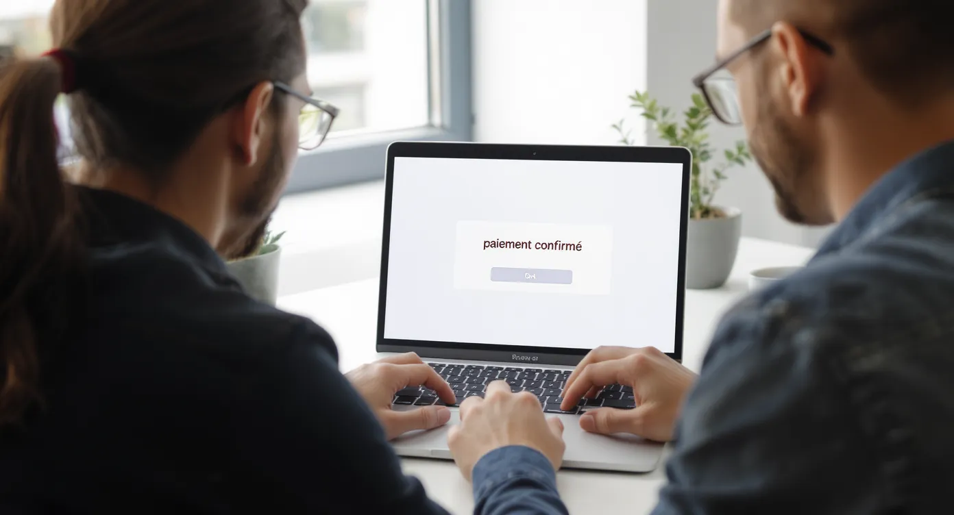 Un couple réserve un circuit sur un ordinateur portable ; un message “paiement confirmé” s’affiche sans écran d’authentification supplémentaire, illustrant un parcours frictionless réussi.