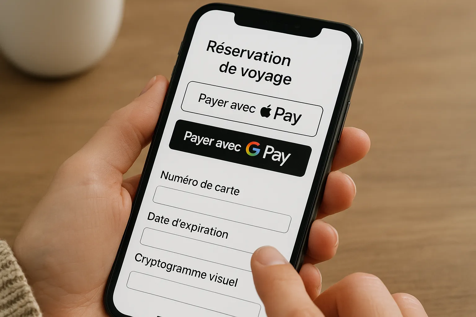 Un écran de réservation de voyage sur smartphone affiche deux gros boutons « Payer avec Apple Pay » et « Payer avec Google Pay », mis en avant au-dessus des champs de carte bancaires classiques.