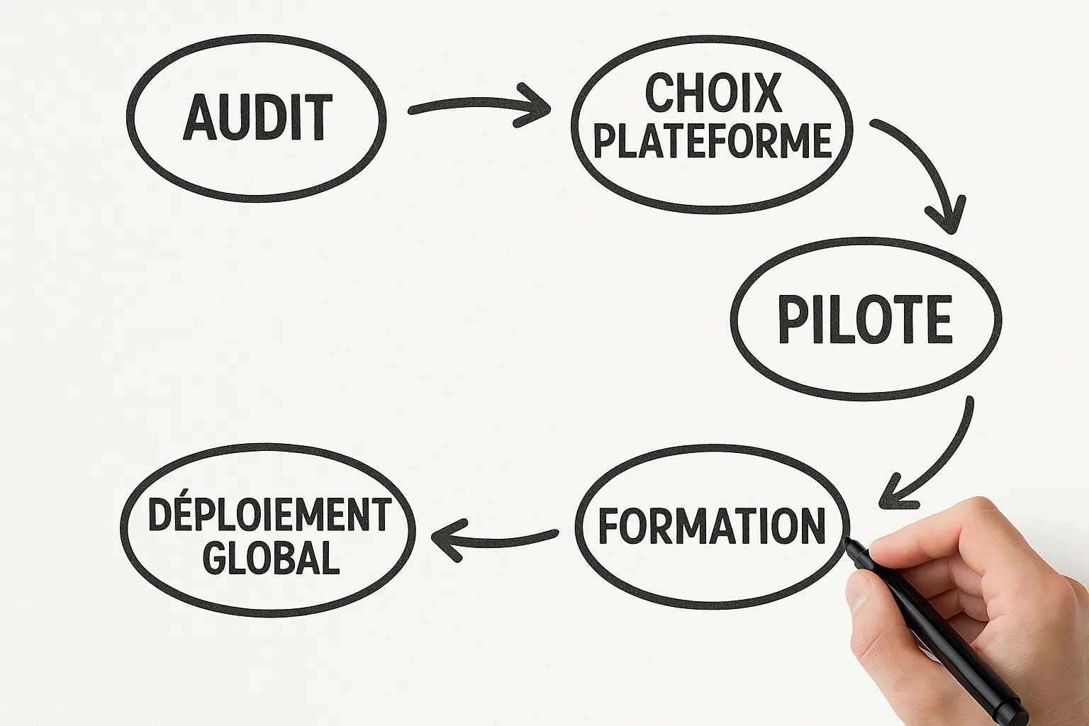 Un schéma simple illustrant les 6 étapes : audit, KPI, choix plateforme, pilote, formation, déploiement global.