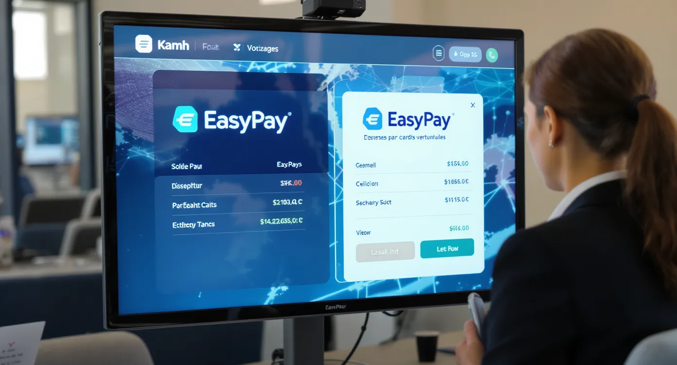 Une agente de voyages consulte un tableau de bord affichant le solde EasyPay et les dépenses par cartes virtuelles, soulignant la comparaison entre les deux modes de paiement.