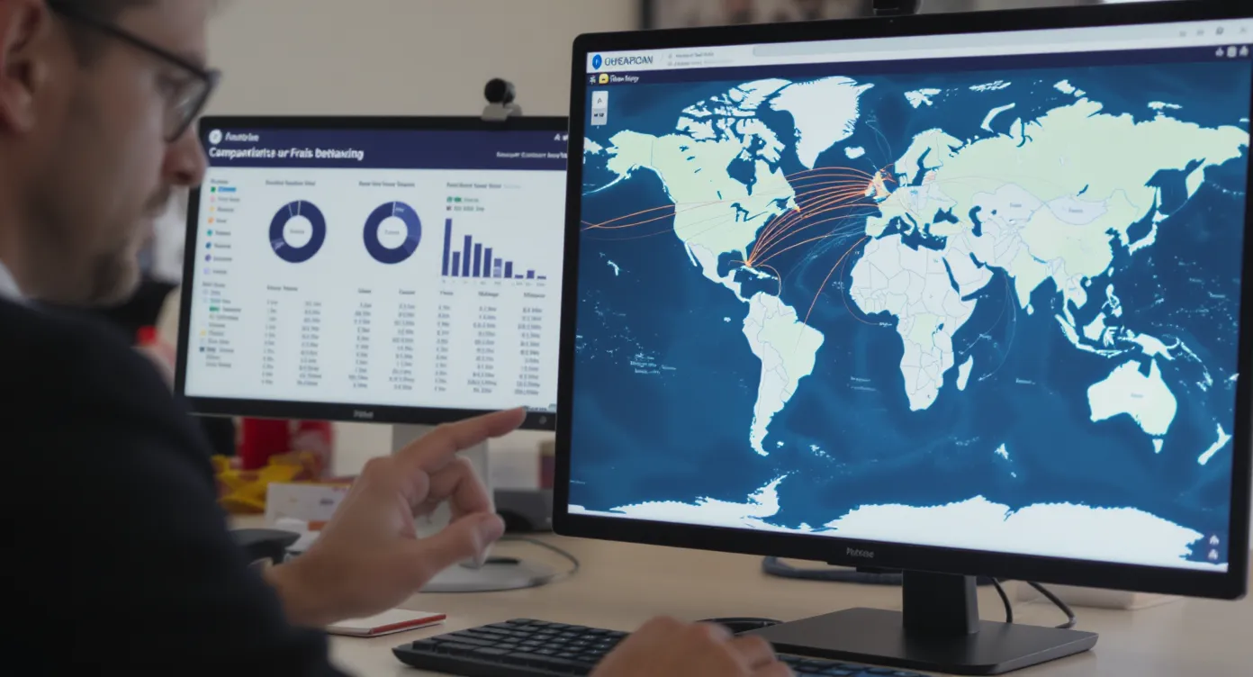 Une conseillère d’agence de voyage analyse un tableau comparatif de frais bancaires sur un écran, tandis qu’une carte du monde met en évidence les principaux corridors de paiement hors SEPA.