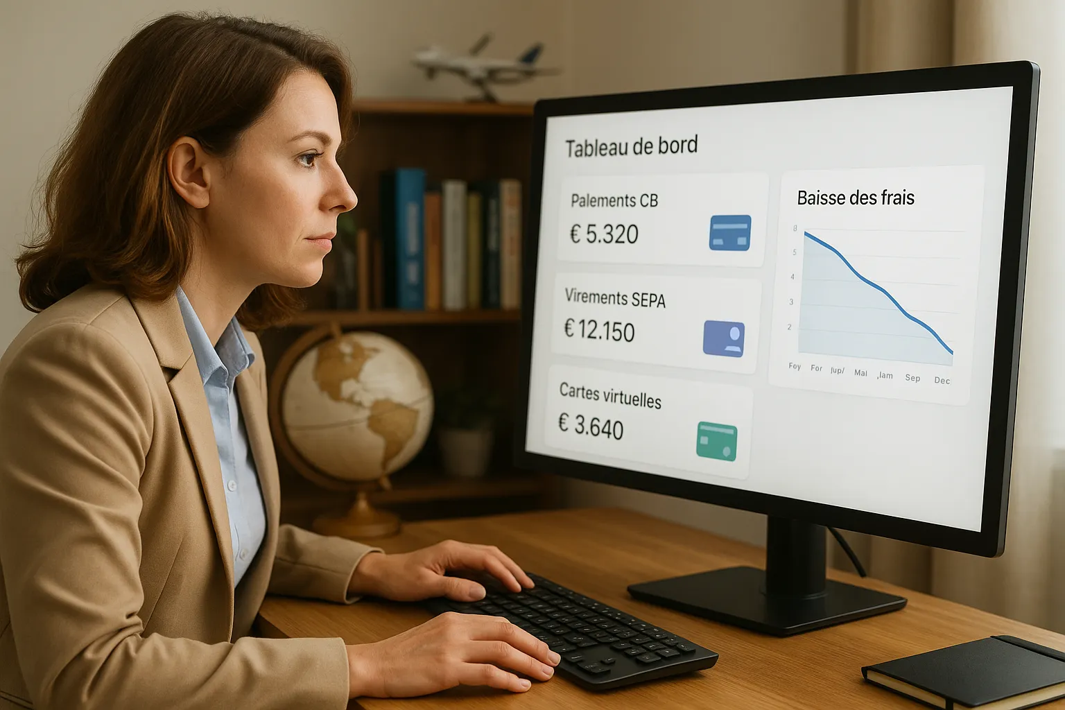 Une conseillère voyage analyse un tableau de bord regroupant paiements CB, virements SEPA et cartes virtuelles sur un seul écran, tandis qu’un graphique à droite illustre la baisse des frais.