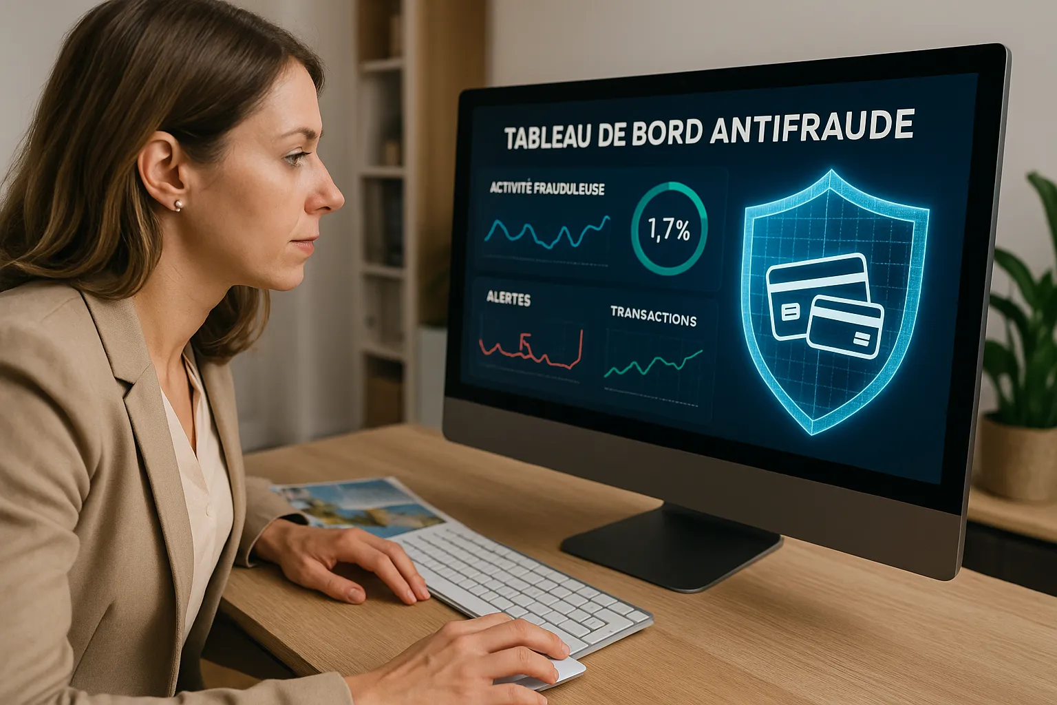 Une conseillère voyage examine un tableau de bord antifraude affichant des indicateurs en temps réel tandis qu’un bouclier numérique protège des icônes de cartes bancaires, symbolisant la combinaison prévention-assurance.