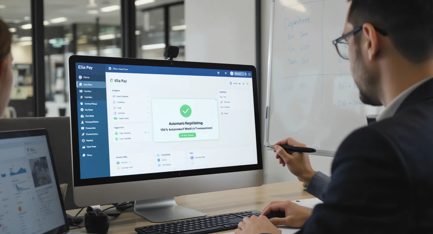 Une conseillère voyage montre à l’écran le tableau de bord Elia Pay affichant en vert la réconciliation automatique de 100 % des transactions de la semaine, tandis qu’un collègue annote un planning de départs sur un mur.