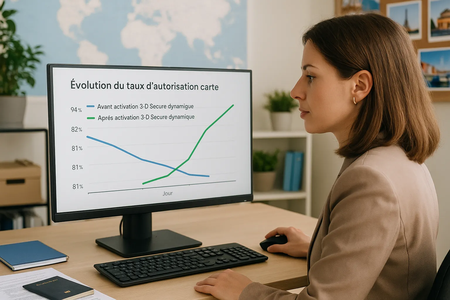Une conseillère voyage suit en temps réel un tableau de bord montrant l’évolution du taux d’autorisation carte avant et après activation du 3-D Secure dynamique.