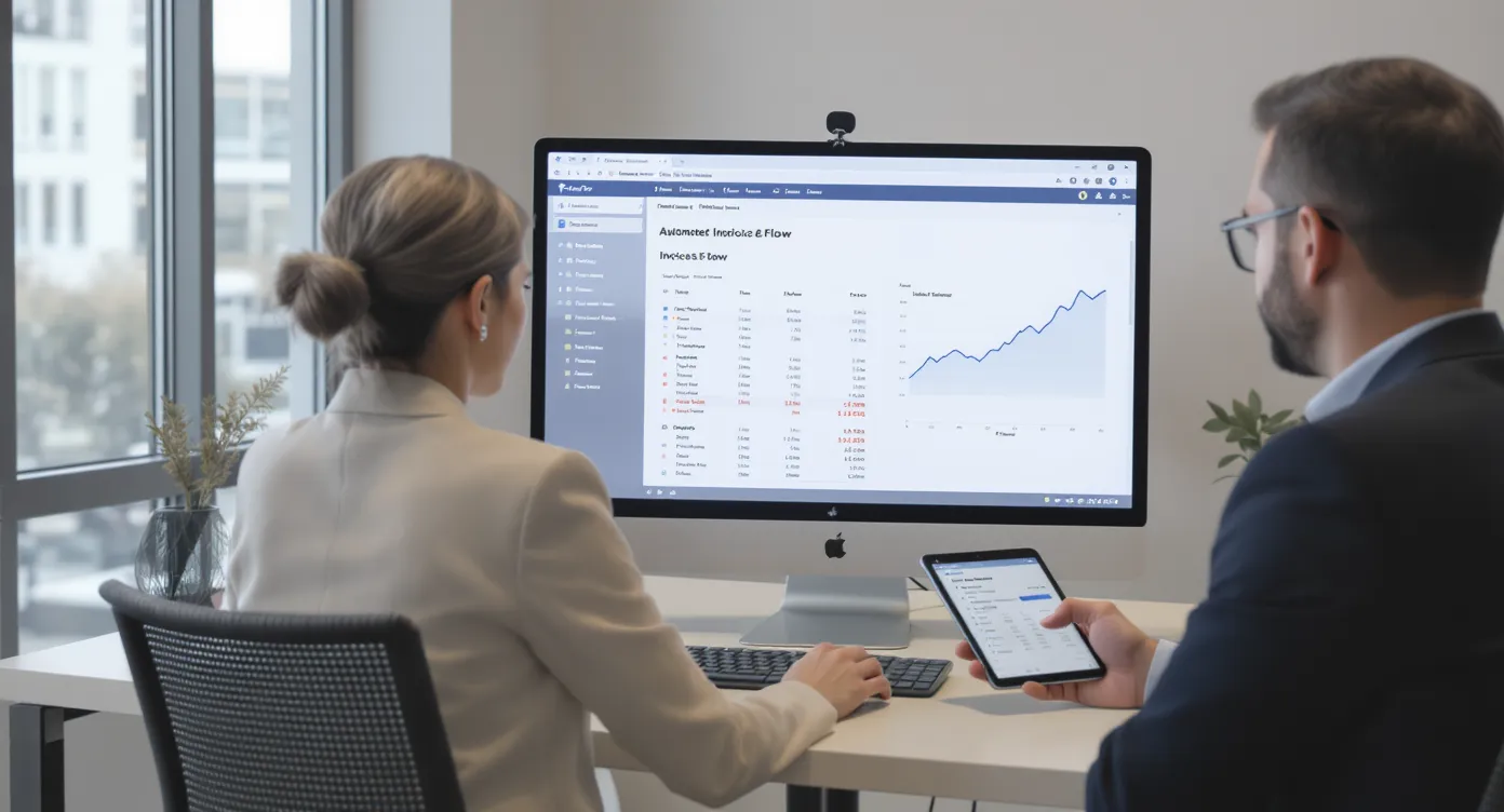 Une conseillère voyage vérifie sur son ordinateur le flux automatisé d’émission Factur-X pendant qu’un collègue comptable valide des transactions sur une tablette ; un graphique à l’écran montre la réduction du délai de paiement.