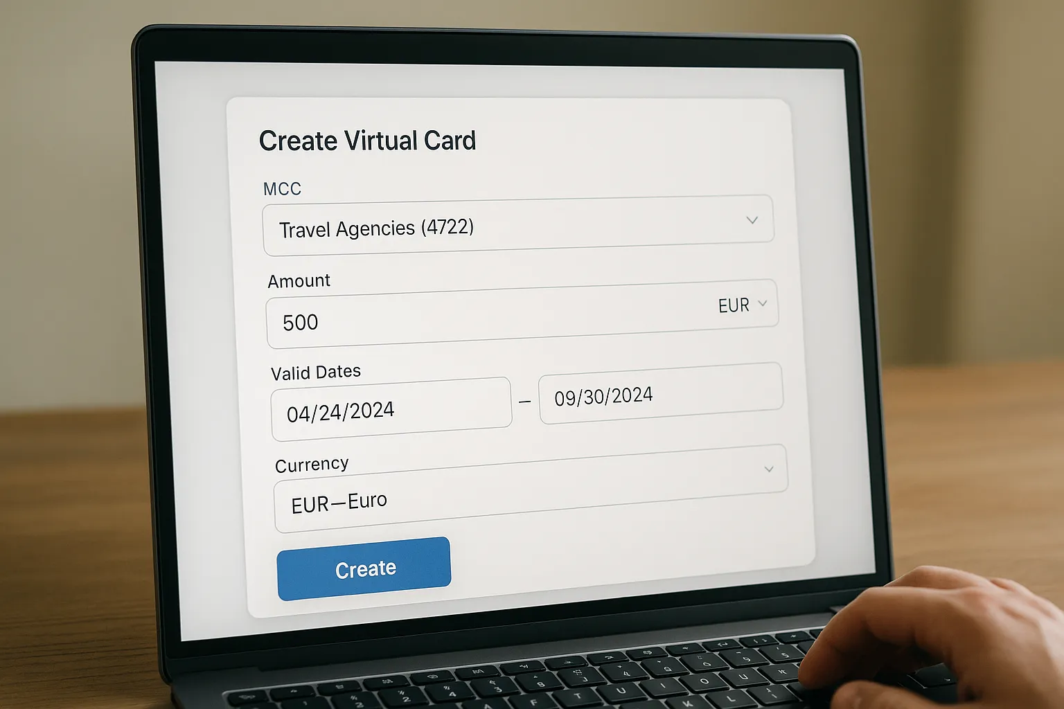 Une interface web montre la création d’une carte virtuelle : champs MCC, montant, dates de validité et devise, illustrant la simplicité de paramétrage pour les agents de voyage.