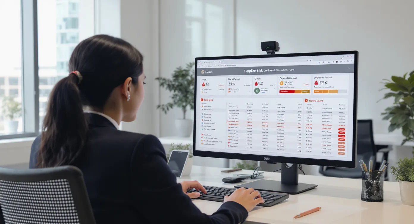 Une responsable conformité d’agence de voyages analyse un tableau de bord affichant les niveaux de risque fournisseurs, avec des alertes rouges sur certaines lignes, dans un bureau moderne et lumineux.