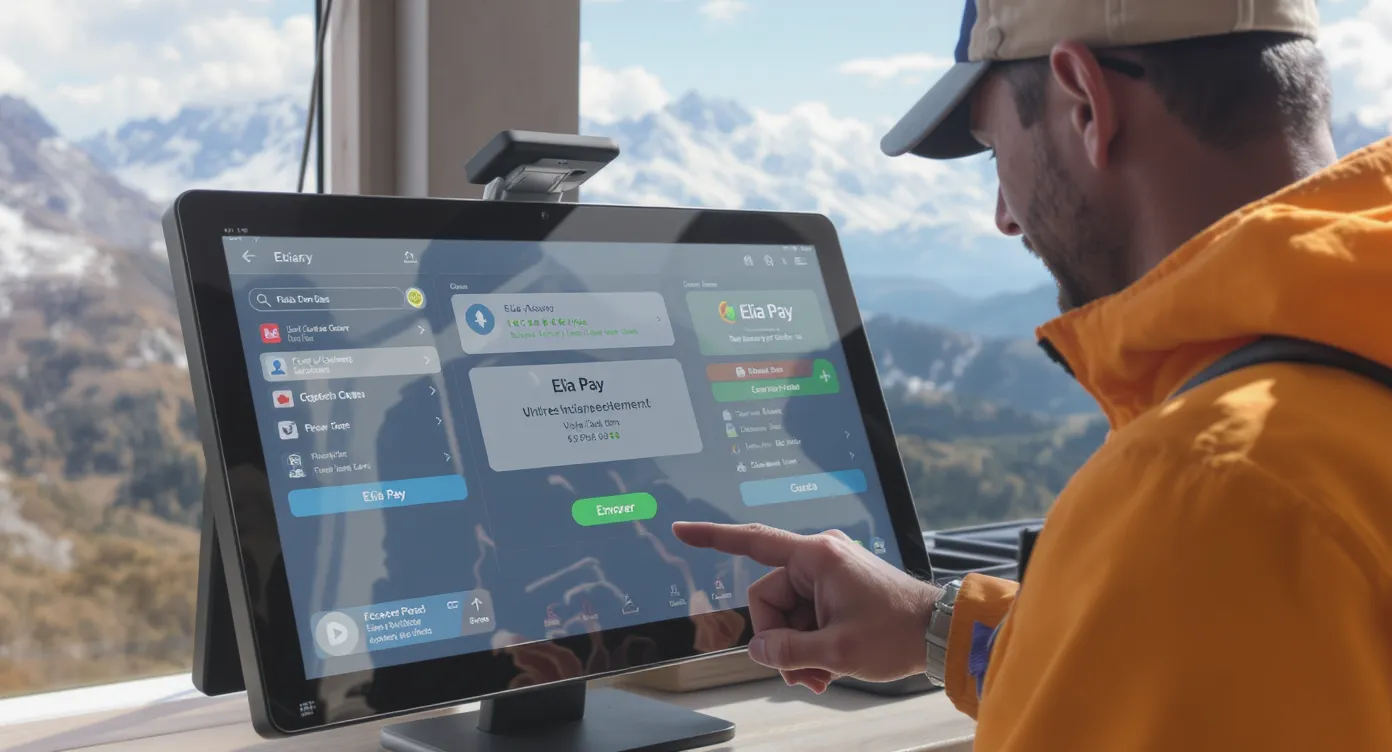 Une responsable d’agence clique sur « Envoyer » depuis le tableau de bord Elia Pay, tandis qu’un guide local vérifie simultanément la réception de son paiement sur son smartphone, le tout devant un paysage montagneux.