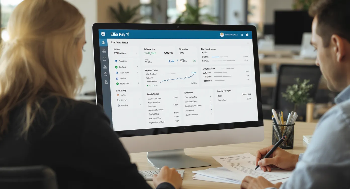 Une responsable finance d’agence de voyage consulte un tableau de bord Elia Pay affichant l’état des paiements en temps réel, tandis qu’un collègue met à jour un classeur de continuité imprimé, illustrant la coordination entre outil numérique et procédures papier.