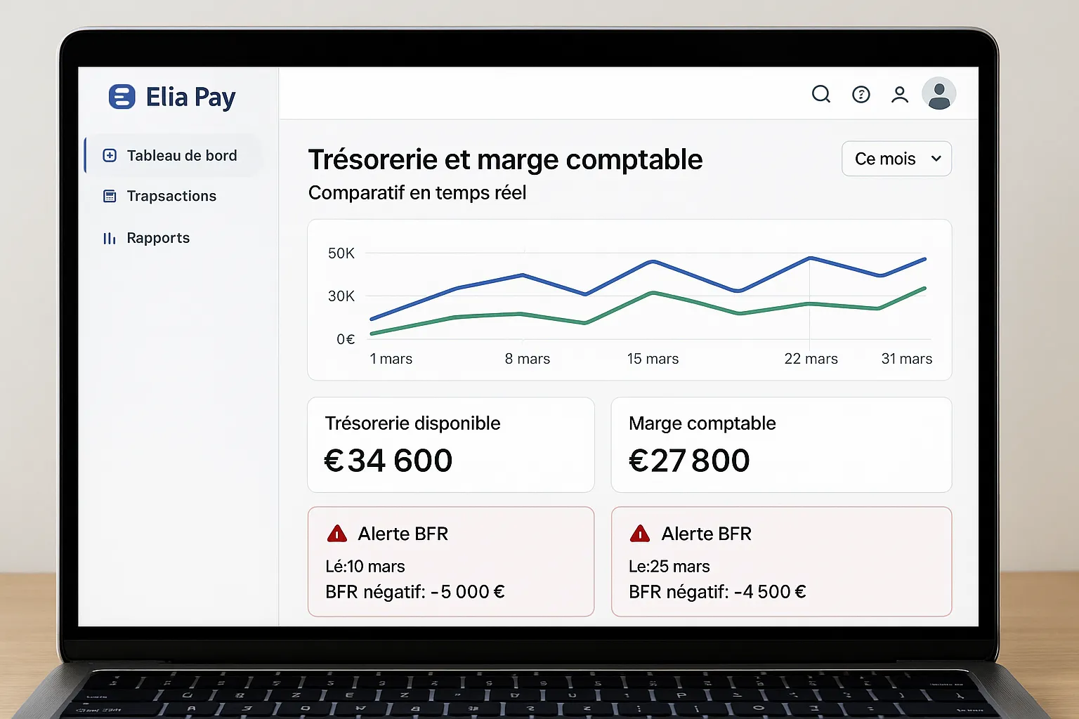Capture d’écran fictive d’un tableau de bord Elia Pay affichant un comparatif en temps réel entre trésorerie disponible et marge comptable sur la période, avec alertes de BFR.