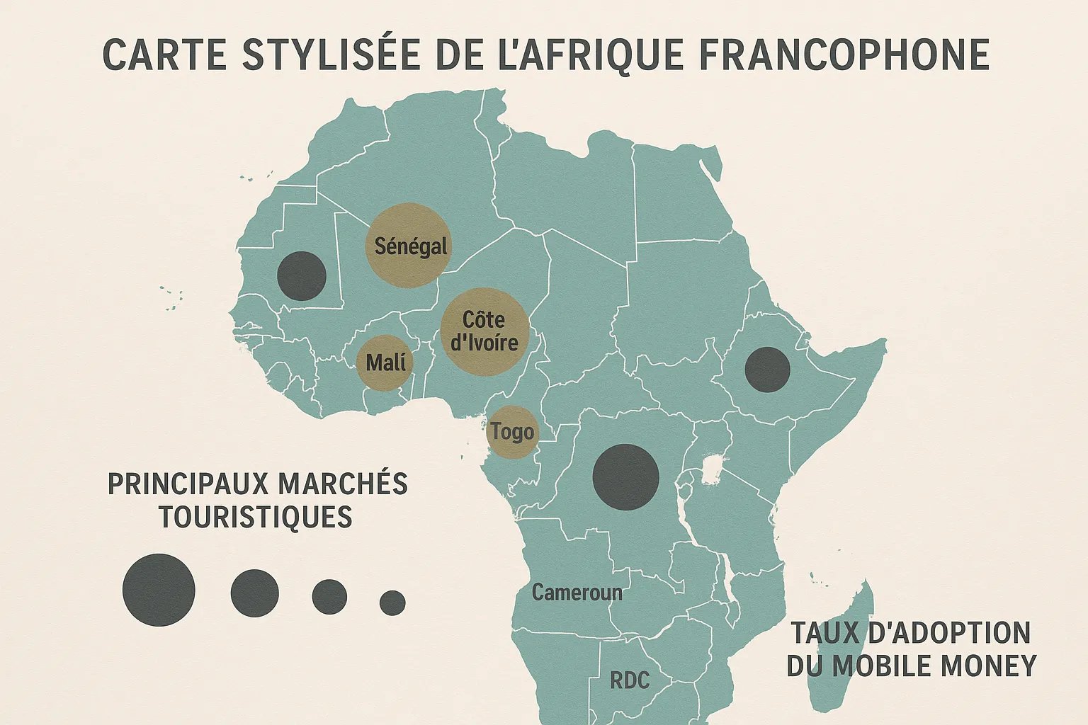 Carte stylisée de l’Afrique francophone mettant en évidence les principaux marchés touristiques (Sénégal, Côte d’Ivoire, Cameroun, Bénin, Togo, Mali, RDC) et les taux d’adoption du mobile money sous forme de cercles proportionnels.