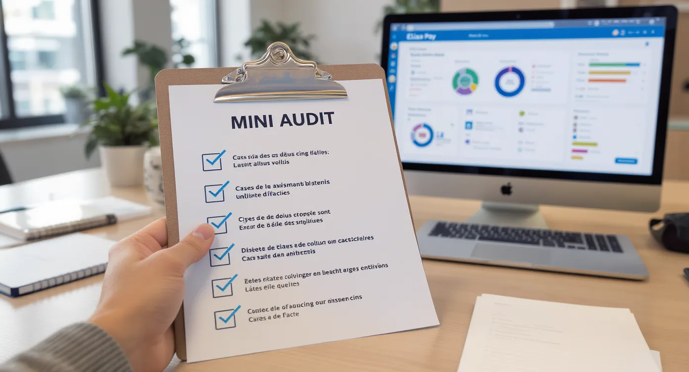 Checklist illustrée posée sur un bureau d’agent de voyages, montrant cinq cases cochées correspondant aux étapes du mini audit, avec un ordinateur affichant le dashboard Elia Pay en arrière-plan.