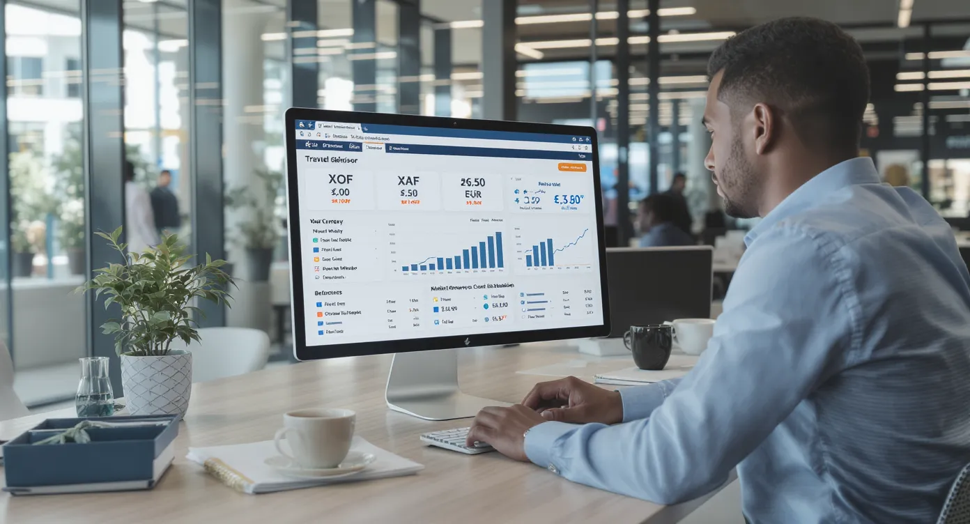 Conseiller voyage examinant un tableau de bord de paiement multidevises affichant les soldes XOF, XAF et EUR, avec un graphique de répartition mobile money vs cartes.