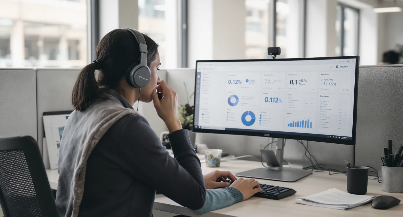 Conseiller voyage utilisant un casque audio dans un open-space, affichant sur son écran un terminal de paiement virtuel avec données masquées, tandis qu’un tableau de bord Elia Pay montre un taux de fraude à 0,12 %.