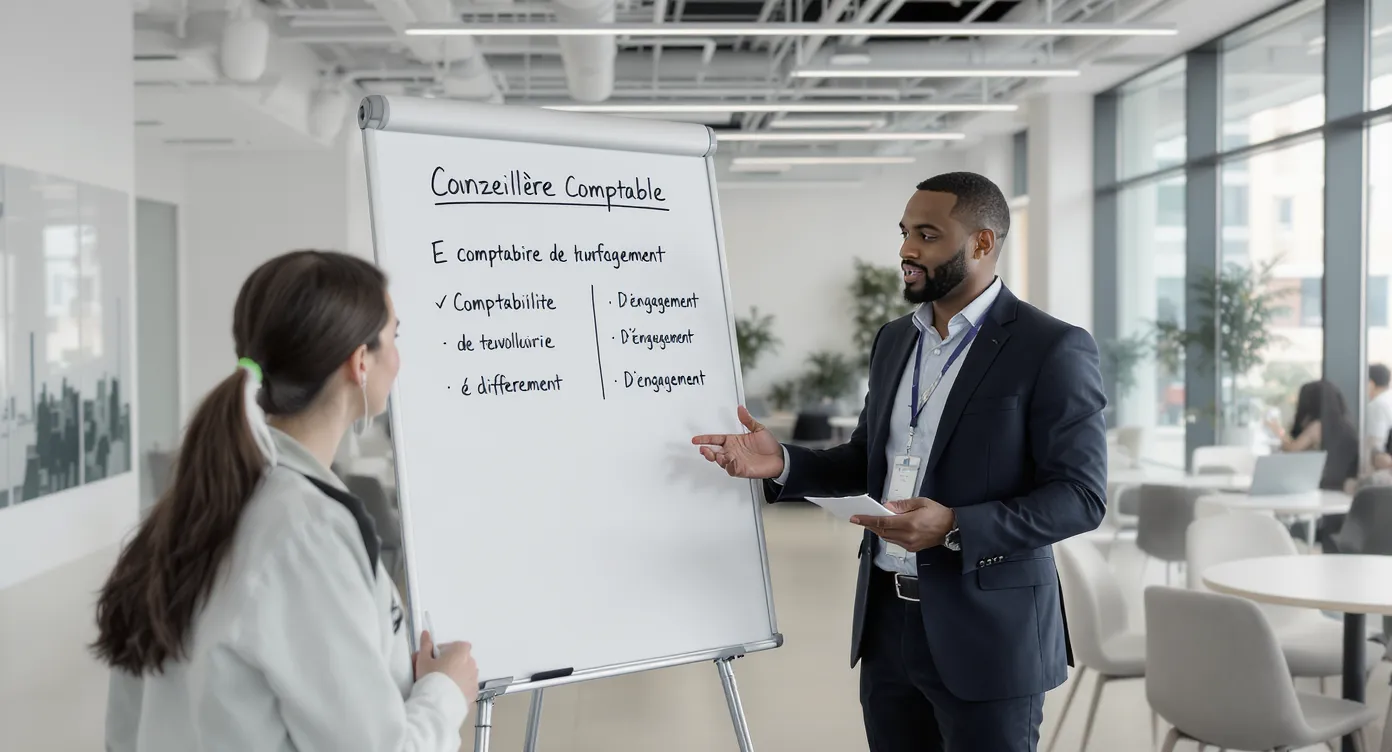 Conseillère comptable expliquant sur un tableau blanc la différence entre comptabilité de trésorerie et d’engagement à une petite équipe d’agents de voyage dans un open space moderne.