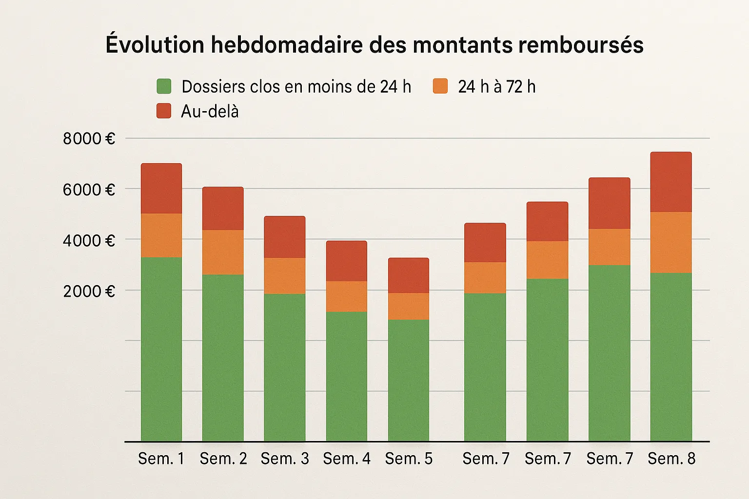 Graphique en barres : évolution hebdomadaire des montants remboursés sur 8 semaines, couleur verte pour les dossiers clos en moins de 24 h, orange de 24 h à 72 h et rouge au-delà.