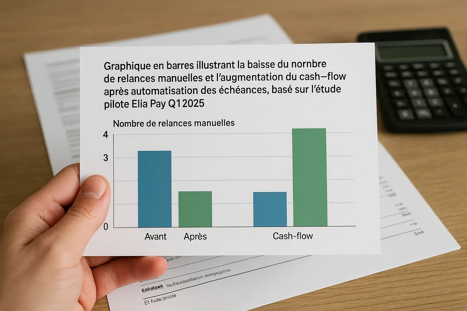 Graphique en barres illustrant la baisse du nombre de relances manuelles et l’augmentation du cash-flow après automatisation des échéances, basé sur l’étude pilote Elia Pay Q1 2025.