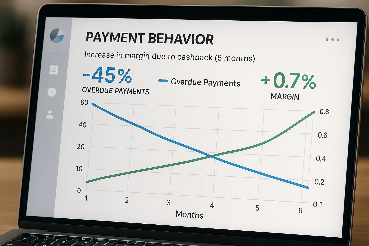 Graphique montrant la baisse de 45 % des retards de paiement et l’augmentation corrélée de 0,7 % de marge grâce au cashback sur six mois, en superposant deux courbes sur une interface de tableau de bord.