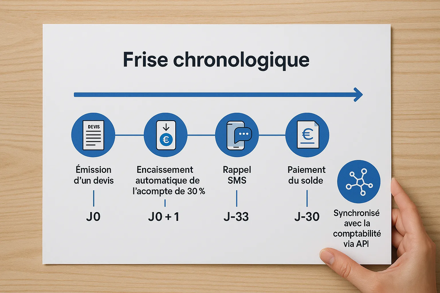 Illustration d’une frise chronologique montrant l’émission d’un devis à J0, l’encaissement automatique de l’acompte de 30 % à J0 + 1, un rappel SMS à J-33, puis le paiement du solde à J-30, le tout synchronisé avec la comptabilité via API.