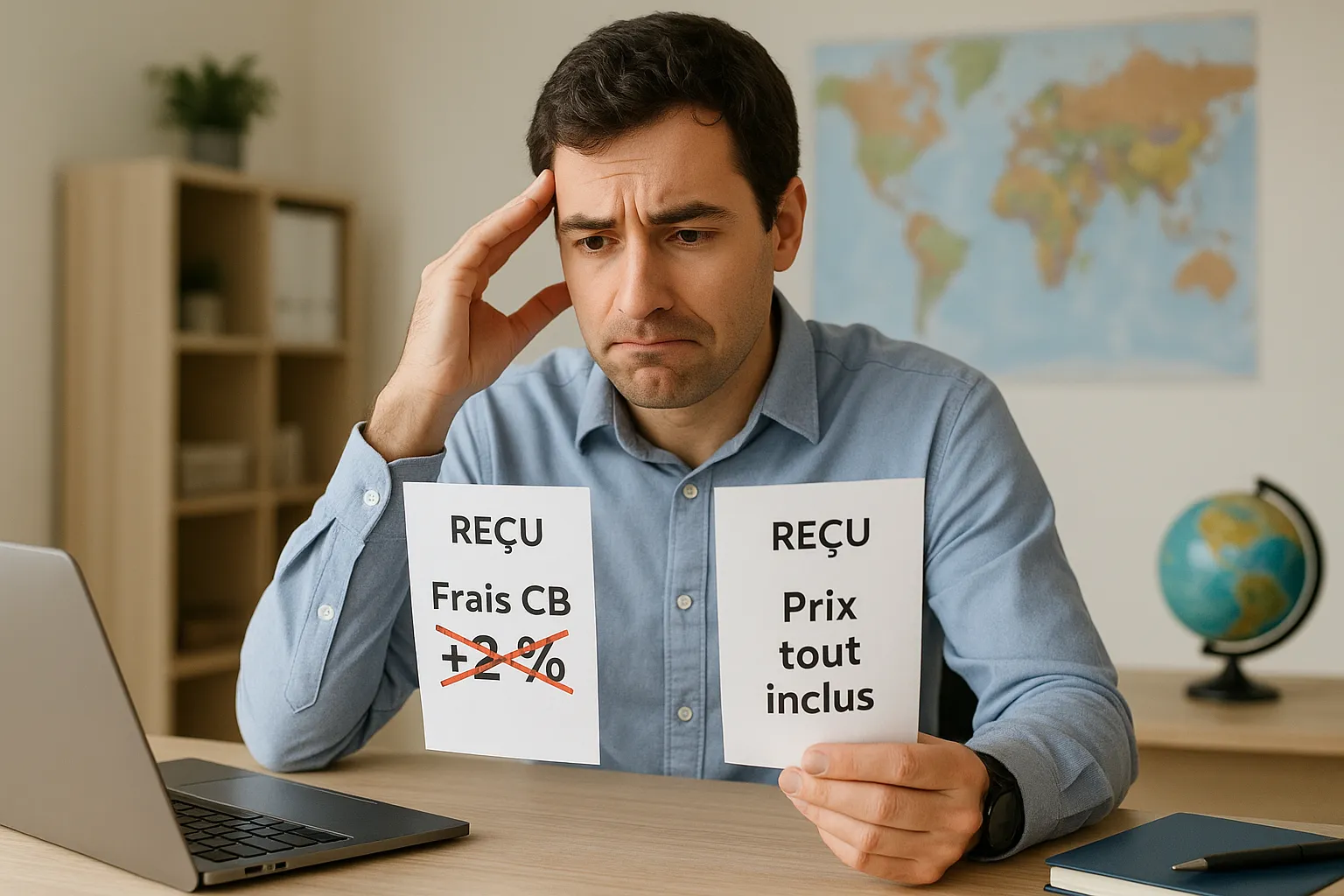 Illustration infographique montrant un agent de voyages déconcerté devant deux reçus : l’un avec « Frais CB +2 % » barré en rouge, l’autre avec un prix tout inclus, mettant en avant la différence entre pratique interdite B2C et marge intégrée.