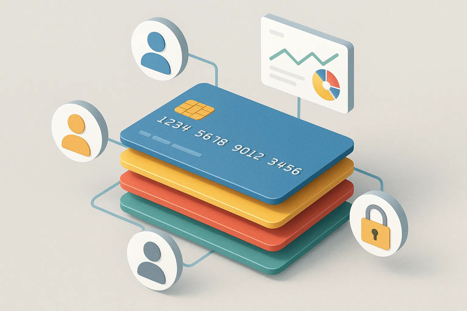 Illustration isométrique montrant une pile de cartes virtuelles colorées reliées à des icônes d’utilisateurs, de cadenas et de tableaux de bord financiers.