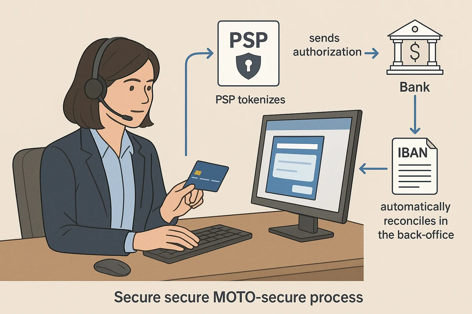 Illustration simplifiée d’un flux MOTO sécurisé : l’agent saisit la carte dans un terminal virtuel, le PSP tokenise, envoie l’autorisation à la banque et alimente un IBAN dossier qui se réconcilie automatiquement dans le back-office.