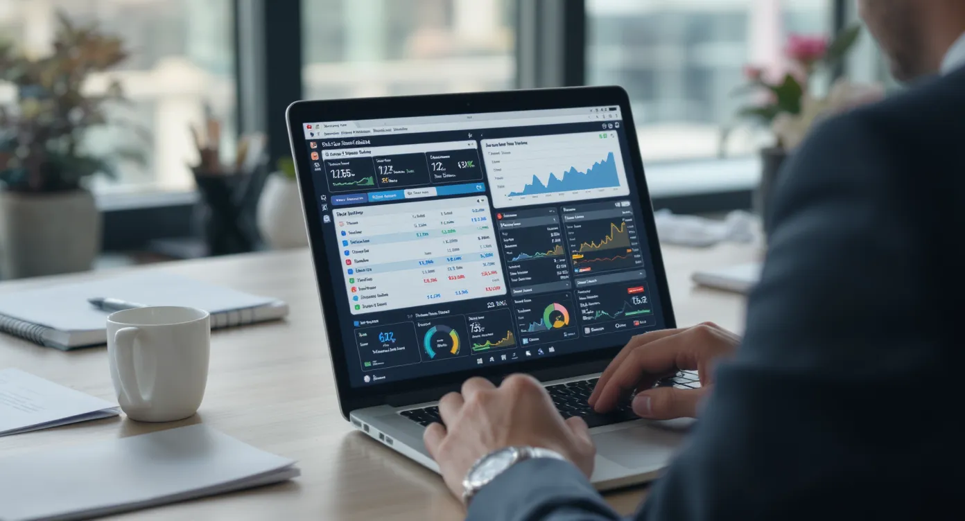 Photo d’un agent de voyage consultant un tableau de bord financier sur son ordinateur portable dans un bureau lumineux, illustrant le suivi en temps réel des paiements et du cut-off de débit différé.