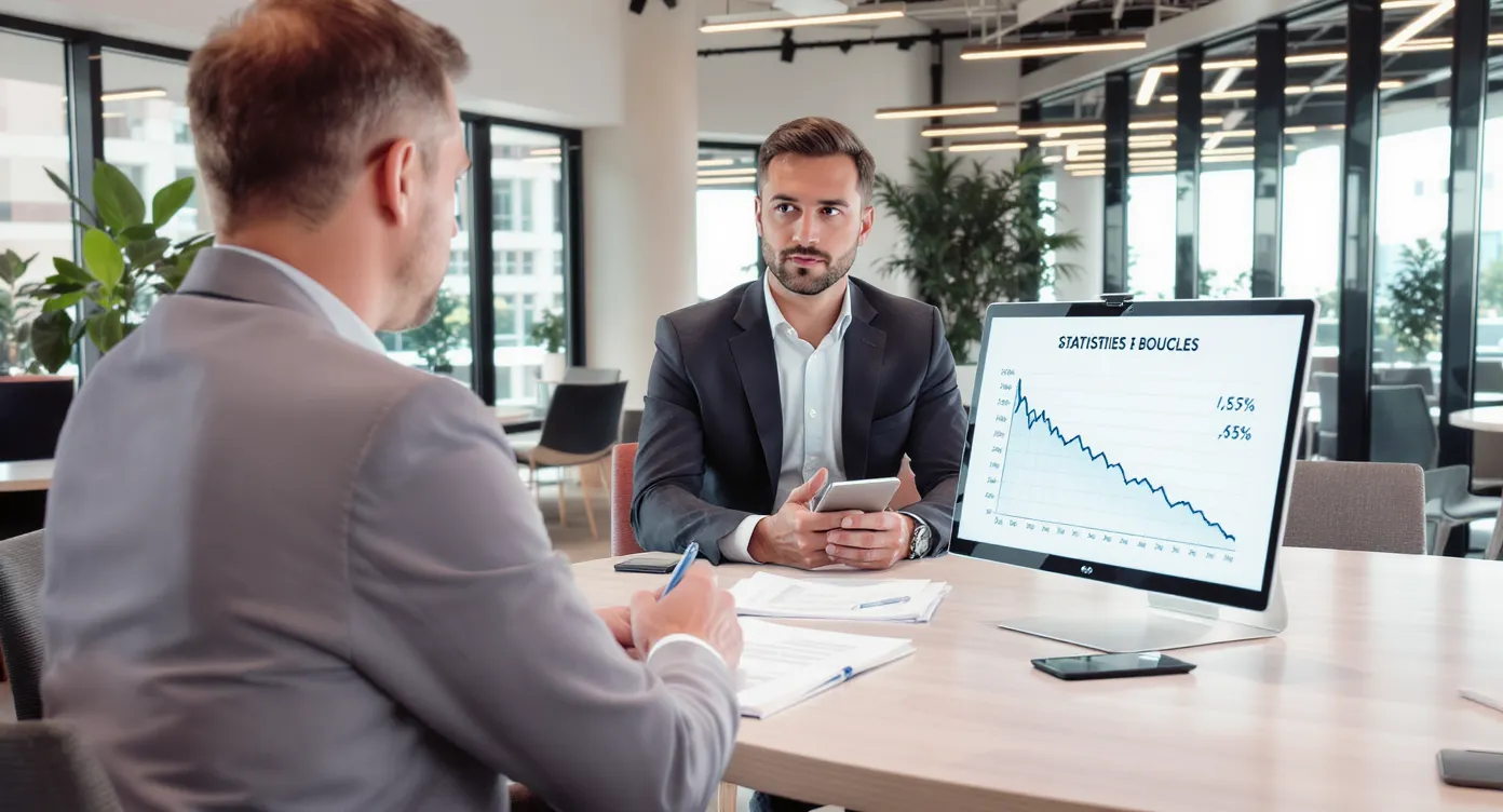 Photo d’un agent de voyages consultant un tableau de bord montrant les statistiques de litiges bouclés, avec un graphique en baisse, dans un open space moderne.