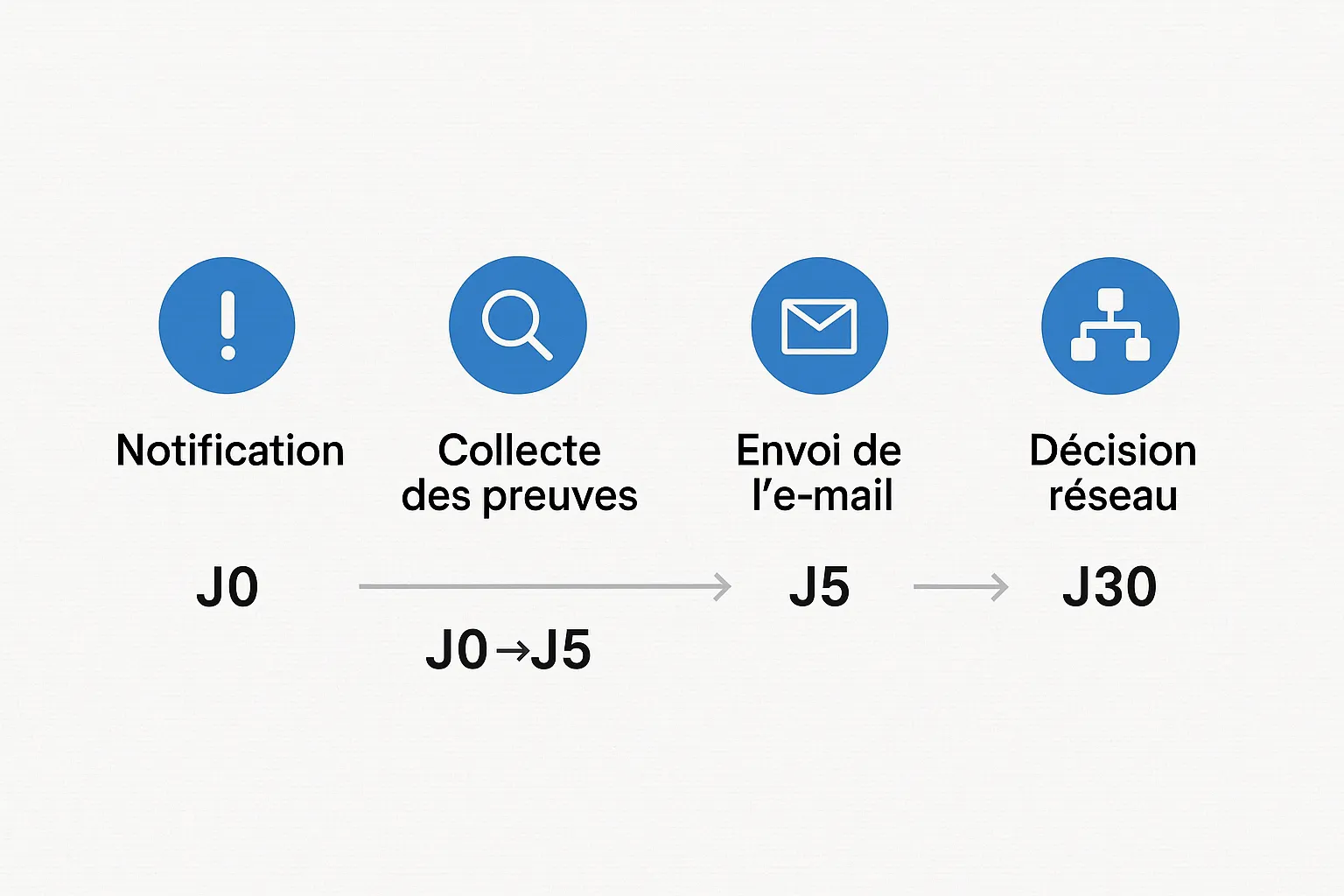 Schéma chronologique simple montrant les quatre étapes d’un litige chargeback : notification (J0), collecte des preuves (J0→J5), envoi de l’e-mail (J5), décision réseau (J30).