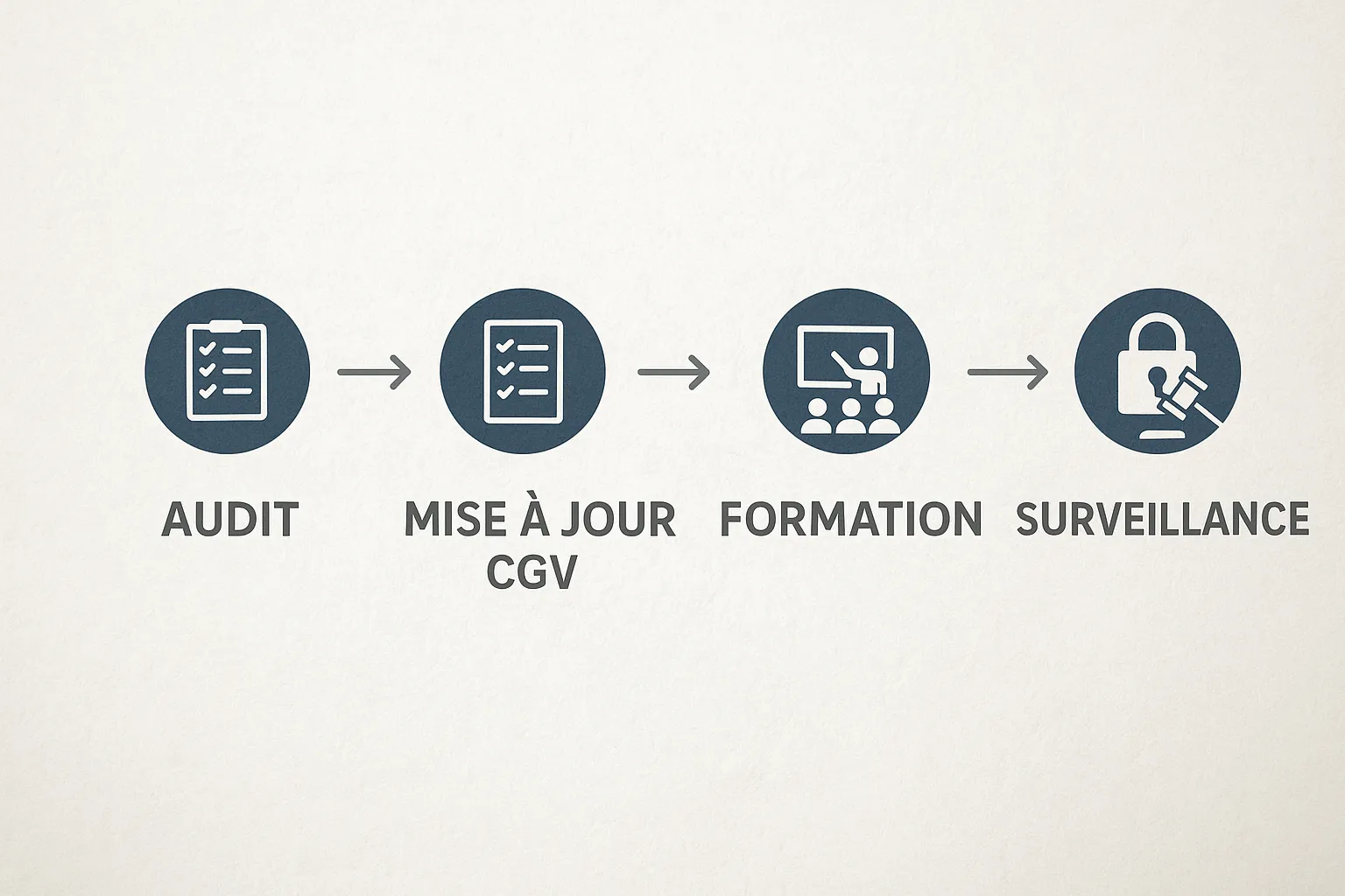 Schéma simple à 4 étapes illustrant l’audit, la mise à jour CGV, la formation et la surveillance, avec icônes de checklists et cadenas légaux.