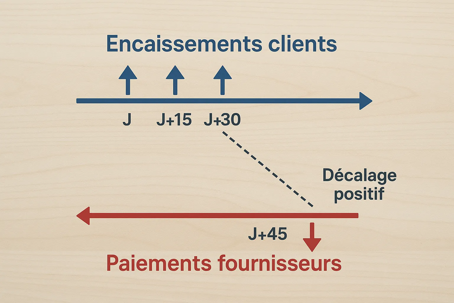 Schéma simple montrant la chronologie des encaissements clients (J, J+15, J+30) et le débit différé des paiements fournisseurs à J+45, soulignant le décalage positif pour le cash-flow.