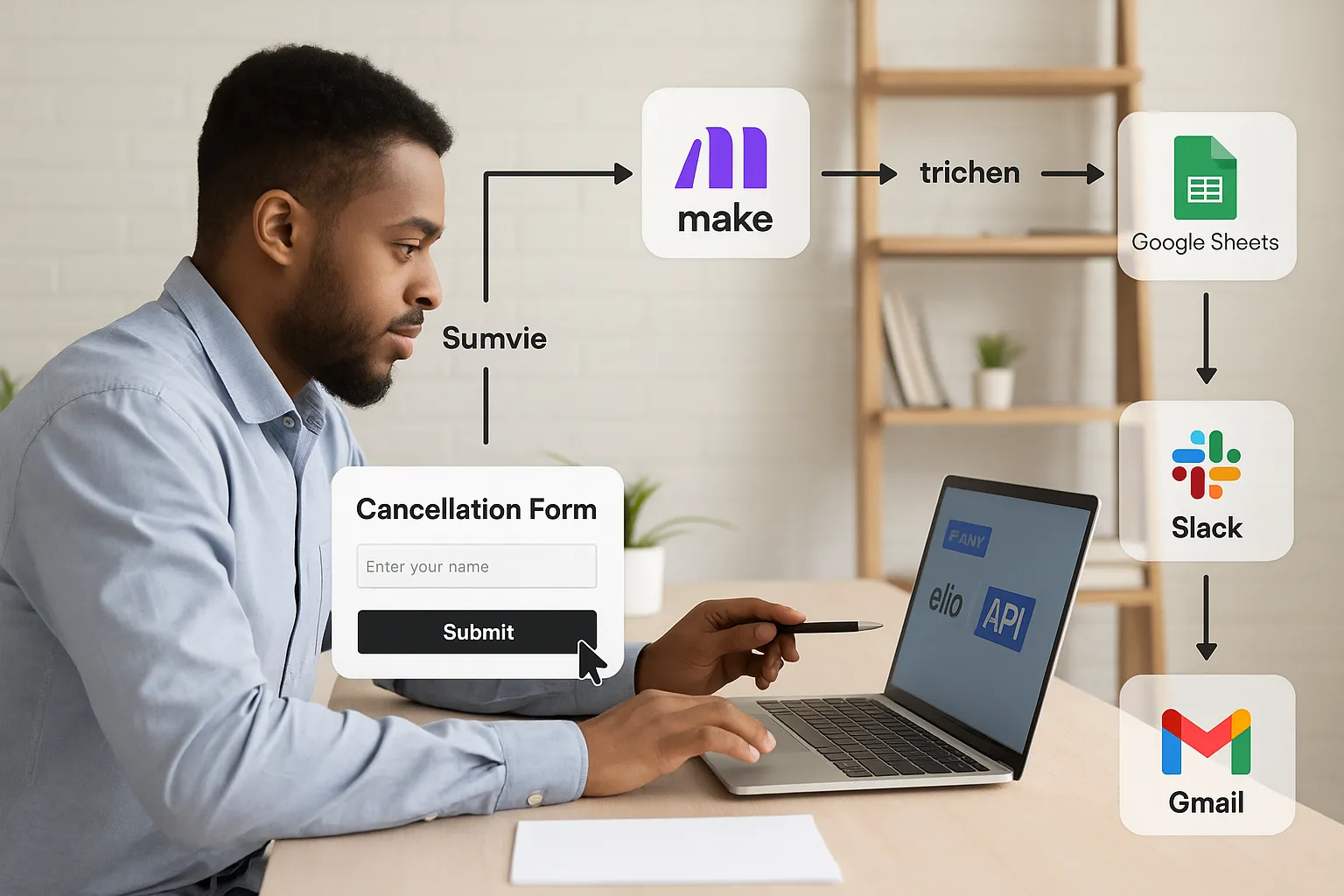 Schéma simple : un employé soumet un formulaire d’annulation (Typeform), le flux Make récupère la saisie, déclenche un virement instantané via l’API Elia Pay, ajoute une ligne dans Google Sheets, puis envoie une notification Slack et un email de confirmation au client.